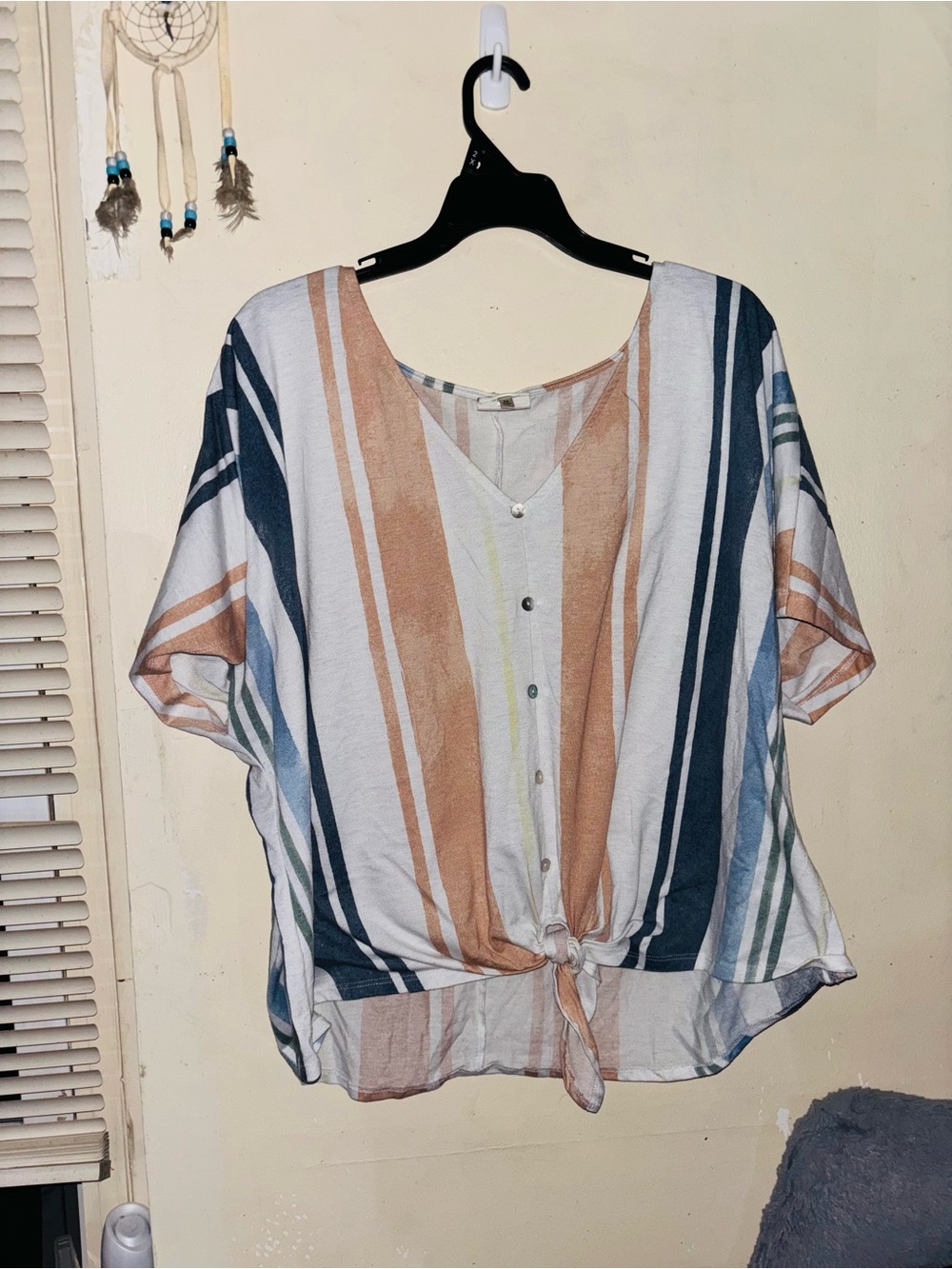 Striped Tie-Front Women’s Top in White, Tan & Blue